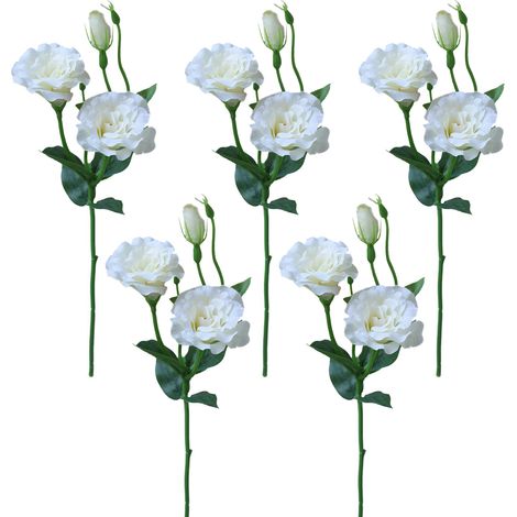 Lot de 5 fleurs artificielles en soie, fausses fleurs d'Eustoma à longue tige, réalistes, blanches, pour décoration de mariage et d'intérieur. (1/3)