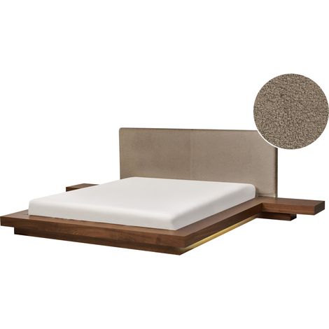 Cama moderna 160 x 200 cm con plataforma con LED mesitas de noche cabecero de bouclé MDF madera de fresno marrón Zen (1/5)
