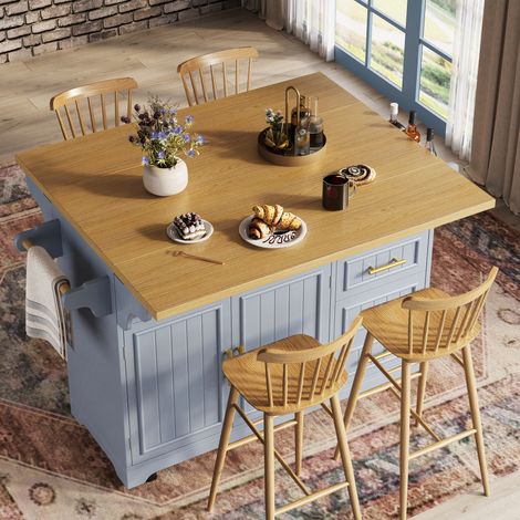 MODFU – Îlot cuisine mobile 120x40(80)x95 cm MDF – Plateaux rabattables et 3 tiroirs – 5 roulettes et charge 60 kg – Cuisine – Bleu (1/5)