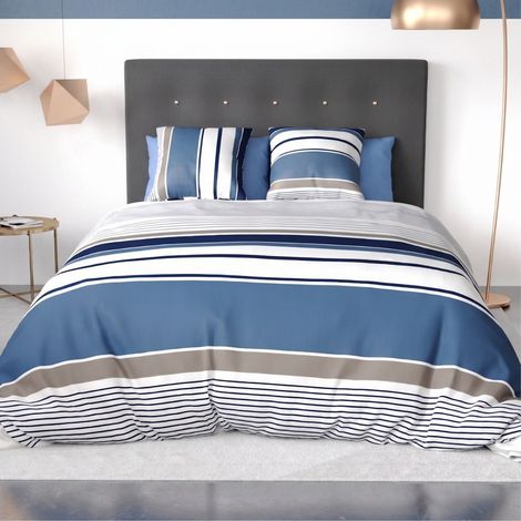 Parure housse de couette 240x220cm + 2 taies motif rayé bleu et blanc 100% coton - BELIAZY (1/4)