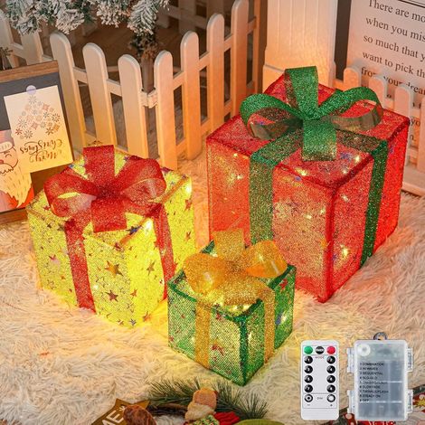 Lot de 3 Boîtes Cadeau Lumineuses,50 LEDs,8 Modes,Télécommande,Minuterie,IP44,Décoration Noël Intérieur Extérieur (1/5)