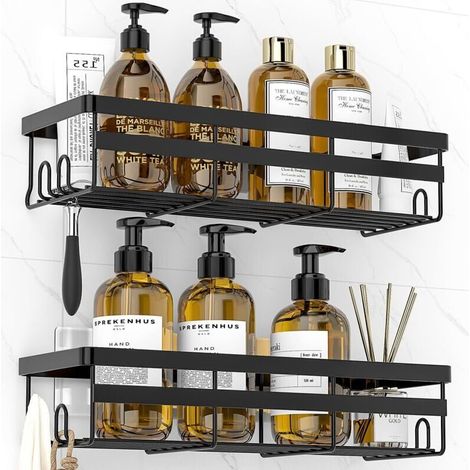 Pack of 2 Bathroom Shelves Shower Caddy with Hooks (Black) (1/4)