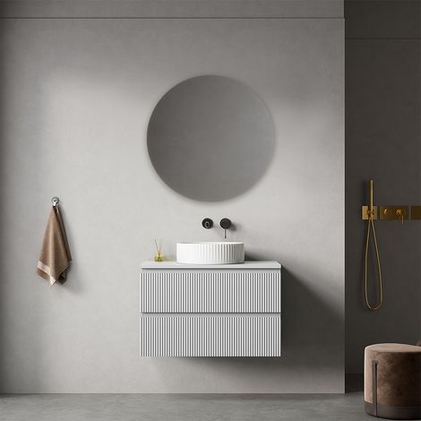 Mobile bagno sospeso cannettato 80 cm Bianco Opaco per Lavabo d'appoggio Specchio Tondo - Fiji Paint Top Canneté (1/4)
