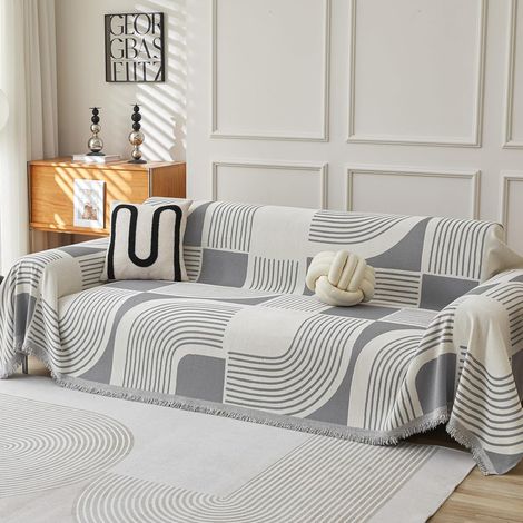 Waschbarer Sofabezug aus Chenille im Boho-Stil für 2- bis 4-Sitzer-Sofas, haustierfreundlich, grau, 230 x 340 cm