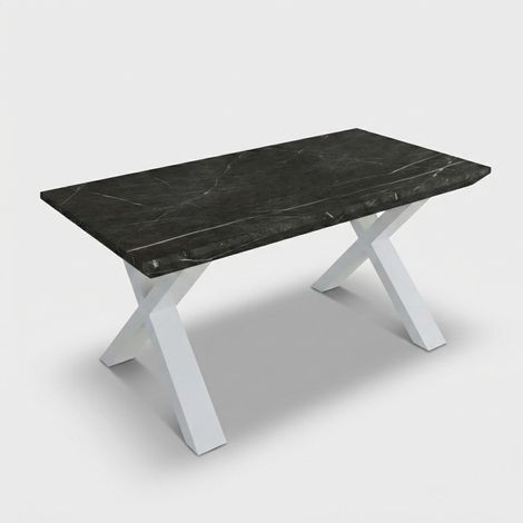 Table à manger extensible 12 places avec pieds blancs 160/260x90 Asti - Effet marbre noir