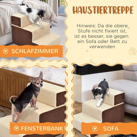 Escalier pour animaux 3 marches en peluche beige 54x40x39cm, rampe pour chat et chien (1/5)
