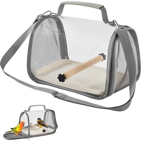 Sac de transport transparent pour oiseaux – Cage de voyage en maille respirante avec perchoir et plateau amovible – Sac de transport pour perruche canari et petit perroquet – Gris (1/5)