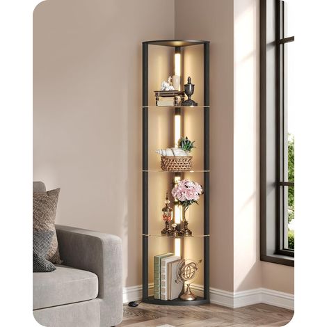 Lampadaire sur pied avec Étagères en Verre, Étagère d’Angle pour Salon,20W LED Lampe sur Pied Réglable, Barre Lumineuse Pivotant à 360°, pour Chambre, Bureau, Noir ZG54LDD05N1 (1/5)