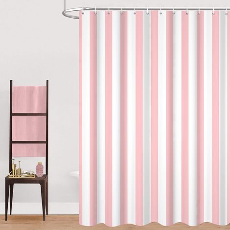 Rideau de Douche, 165x180cm, Rose Clair et Blanc Minimalisme Moderne Rayures Verticales Tissu Pmperméable Machine Lavable Rideau de Salle de Bain avec Crochets (1/5)