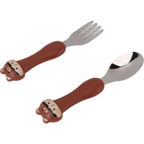 Babygabel, niedlicher Löffel in Cartoon-Form, PP-Griff, Edelstahl-Essgeschirr für Kinder, Bären-Esstraining (1/5)