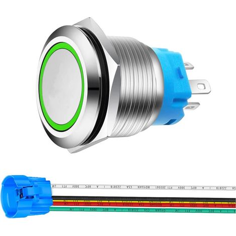 22mm en Acier Inoxydable Bouton Poussoir Momentané 12V-24V 5A LED 1NO1NC SPDT Allumé/éteint Étanche avec Prise de Courant (LED Vert) (1/5)