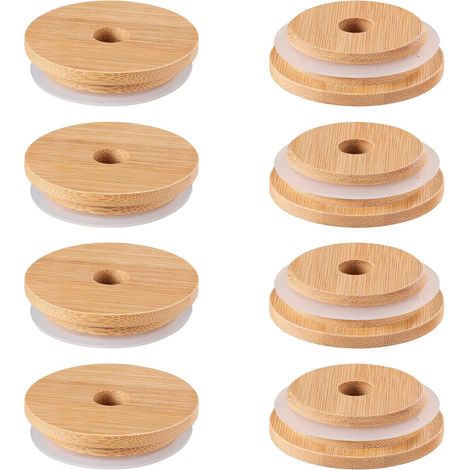 Couvercle Reutilisable En Bambou - 70 Mm - Pour Bocaux Mason A Large Ouverture - Avec Trou Pour Paille - Lot De 8 (1/5)
