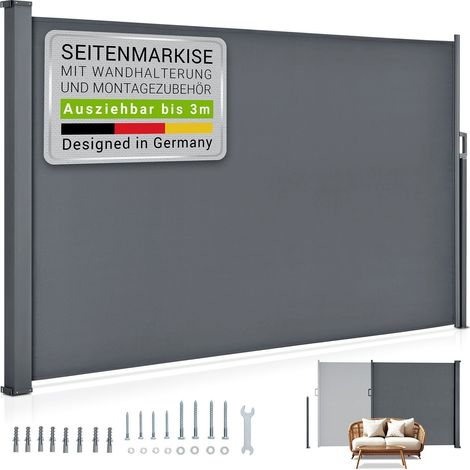Juskys Seitenmarkise Dubai ausziehbar blickdicht – Sichtschutz für Balkon & Terrasse, Seitenrollo Wandhalterung, 300 x 180 cm – anthrazit (1/5)