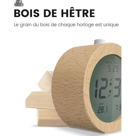Reloj despertador digital de madera, reloj despertador digital LCD con fecha, temperatura, función de repetición, retroiluminación, funciona con pilas. (1/3)