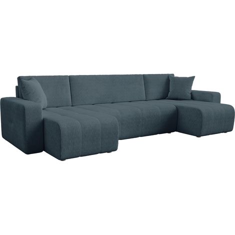 Mobilier Deco – Canapé panoramique convertible avec coffre – Velours côtelé bleu – Confort optimal – Espace de couchage intégré – Rangement pratique (1/5)