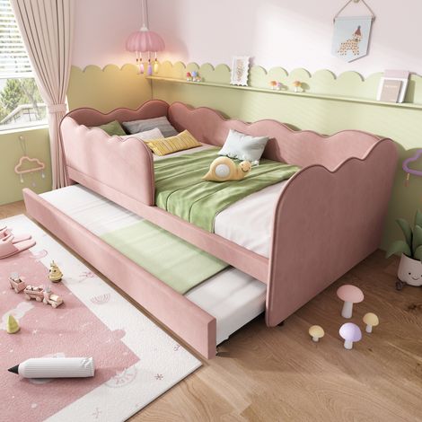 DESMIU Lit enfant 90 × 190 cm avec lit gigogne, dossier rembourré, sans matelas, velours rose (1/5)