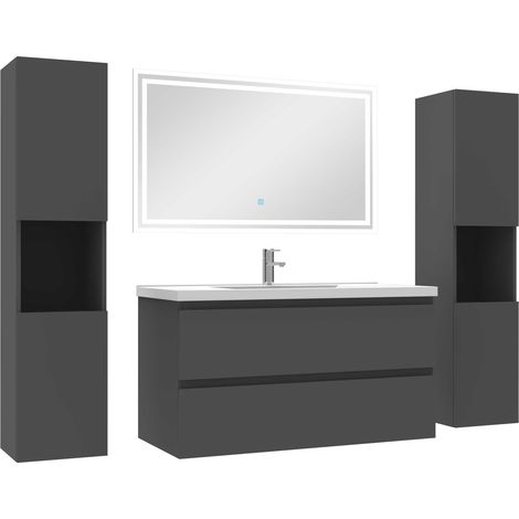 Ensemble meubles Salle de Bain 100cm avec colonne + miroir lumineux Anthracite (1/5)