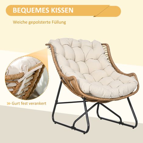 Fauteuil d'extérieur en rotin design, coussin inclus, armature métallique, 75 x 101 x 90 cm, teinte naturel/kaki/noir