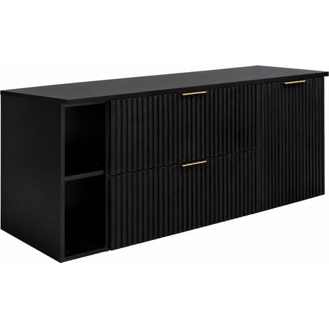 Set di mobili da bagno, 2 cassetti, 1 anta, chiusura ammortizzata, cesto portabiancheria, Nero, maniglie nere, 140 x 46 x 57 cm (1/5)