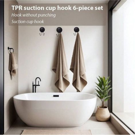 Juego de 6 ganchos con ventosa de TPR, gancho de plástico con núcleo de hierro, no requiere perforación y es impermeable, estante de almacenamiento para puertas de baño y cocina. (1/4)