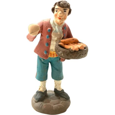 Pastore con vassoio statuetta in terracotta artigianale per presepe napoletano da h 10 cm