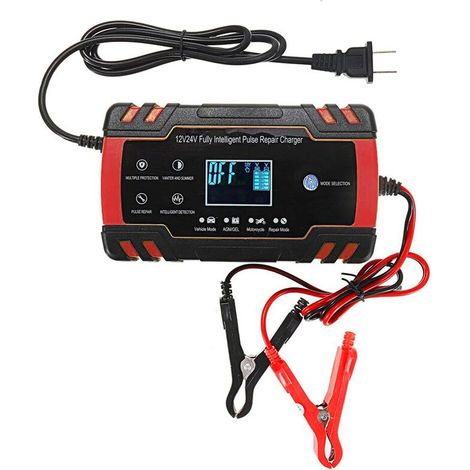 Caricabatteria per riparazione a impulsi con touch screen LCD da 12 V/24 V, rosso, per auto e moto, per batterie al piombo AGM, gel umido - Spina UE