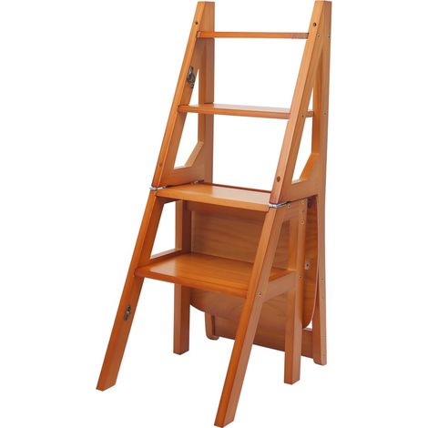 Chaise d'échelle, pliable, convertible, à 4 niveaux, en bois, multifonction, capacité de charge de 100 kg, pour chambre à coucher, garde-manger, balcon, etc (couleur miel) (1/5)