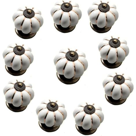 Set di 10 pomelli per cassetti vintage in ceramica a forma di zucca, con 3 tipi di viti (22/25/30 mm) (bianchi) (1/5)