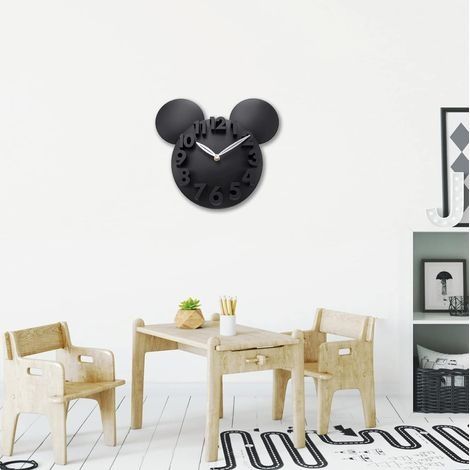 Kinder-Wanduhr mit Mausmotiv, schwarz, 3D-Zahlen, Quarzwerk, 32 x 28 cm (1/4)