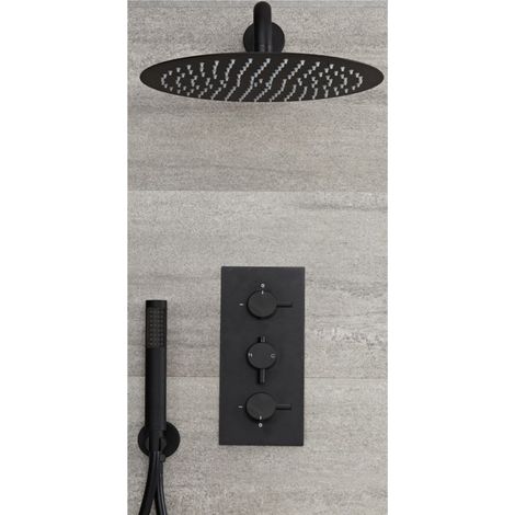 Milano Nero 2 Outlet Triple Thermostatic Mixer Shower Valve with 300mm Wall Mounted Round Rainfall Shower Head and Hand Shower Handset Kit - Black