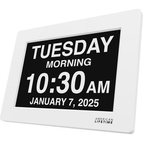Nouvelle horloge numérique 2025 pour personnes âgées atteintes de démence, grand écran avec alarmes personnalisées, calendrier avec jour et date, chiffres clairs, horloge numérique Alzheimer blanche（8 (1/4)