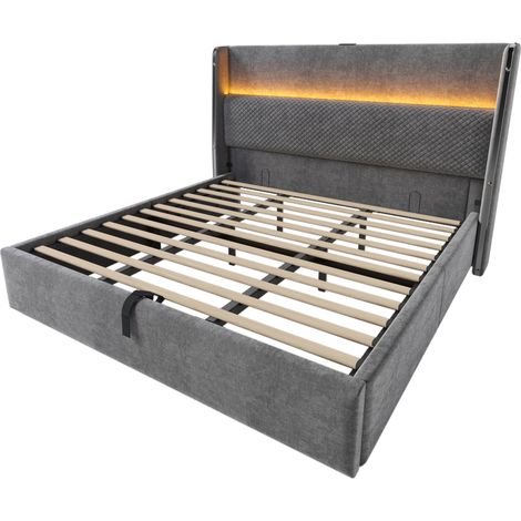 Cama abatible hidráulica 180x200 cm gris con cabecero alto LED USB Tipo-C (1/5)