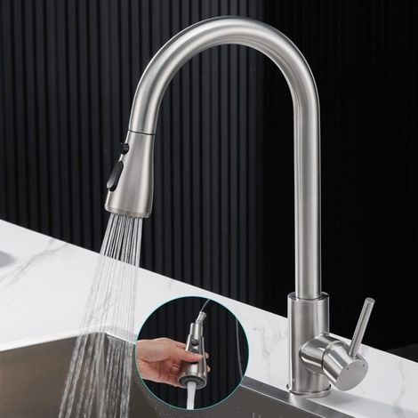Robinet de cuisine en acier inoxydable 304 avec bec escamotable, hauteur élevée et rotation à 360°, 3 modes d’écoulement (jet normal, pulvérisation, pause), finition mate, eau chaude et froide (1/5)
