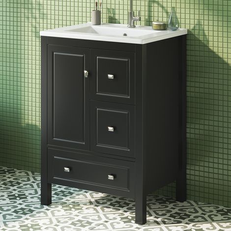Modernluxe - Meuble de salle de bain avec vasque en céramique - 3 tiroirs et 1 porte - Finition laquée - MDF - Noir (1/5)