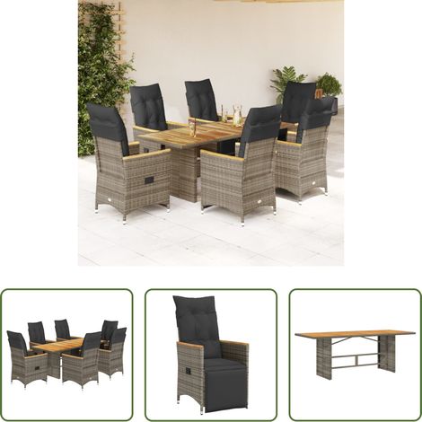 vidaXL Relaxsessel - 7-tlg. Garten-Bistro-Set mit Kissen Grau Poly Rattan (1/5)