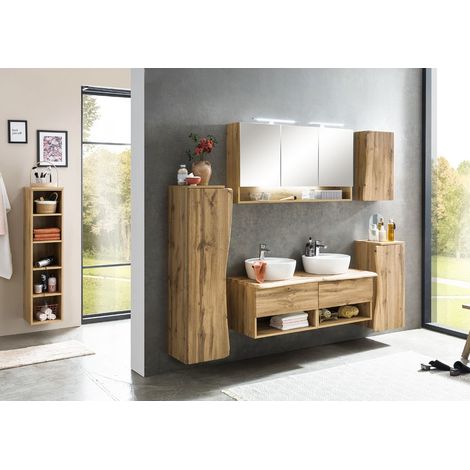 Badmöbel Komplett Set in Wotan Eiche Nb. mit Baumkantenoptik KAHLA-03 LED Spiegelschrank und Waschbecken, B/H/T: ca. 236/200/52 cm (1/5)