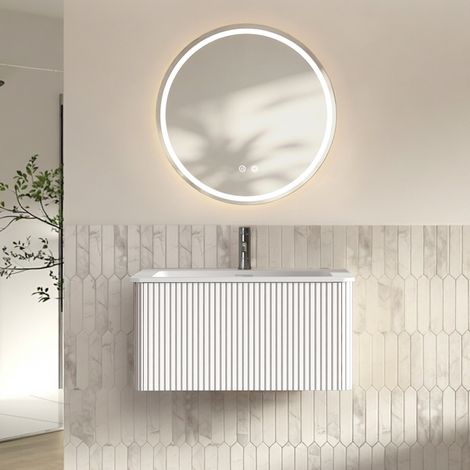 Conjunto de muebles de baño con espejo, mueble de lavabo de 80 cm con mueble bajo, armario de baño suspendido, premontado, armario a rayas con un cajón, blanco (1/5)