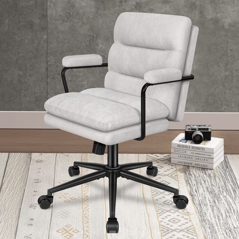 ELFORDSON Mid-back Home Office Chair, Armrests, Dual-padded, Vanity, Ergonomic, Executive, PC, Work, Tilt, Adjustable Height, Swivel, Chenille, Grey