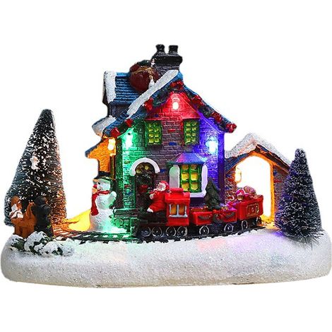 Pueblo navideño con casas, tren y muñeco de nieve, decoración de resina con luces LED para uso en interiores. (1/5)