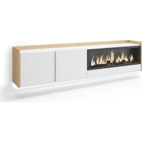 Skraut Home - Mueble TV, Televisión, Muebles de salón, almacenaje, 212x35x50cm, Para TV hasta 80", Chimenea eléctrica XXL, Colgado, Suspendido, LED, Estilo Moderno, Blanco y roble soft (1/5)