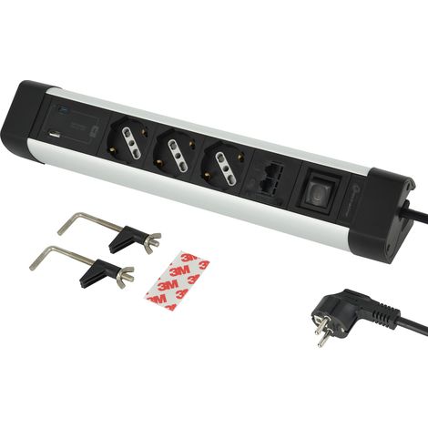 Electraline 61923 Multipresa Scrivania 3 Posti Polivalenti P40, Schuko + 10/16 A, Con USB A 3.0A e USB C PD20W Power Delivery, 2 RJ45, Cavo H05VV-F 3G1.5 2M (1/5)