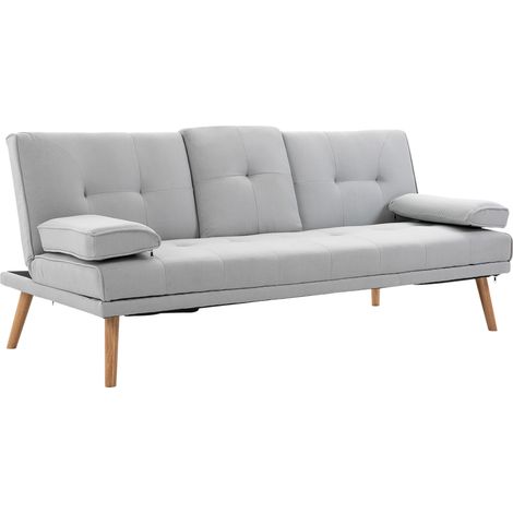 HOMCOM sofá cama 3 plazas, 181x77x78 cm, respaldo ajustable, apertura clik-clak, reposabrazos desmontables, mesa abatible, patas de madera, gris claro (1/5)