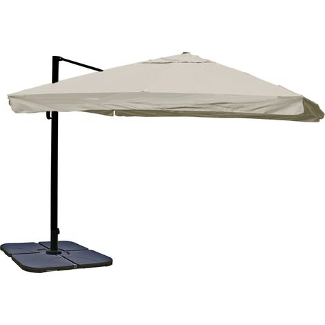 Parasol déporté 3,5 x 3,5 m envergure 500 cm inclinable 5 positions avec manivelle aluminium et polyester couleur crème gris avec pied 040010670