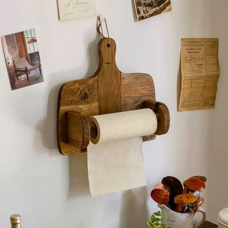 Porta rotolo da cucina in legno massello - Scaffale decorativo e creativo per riporre carta e panni da cucina - Montaggio a parete (1/2)
