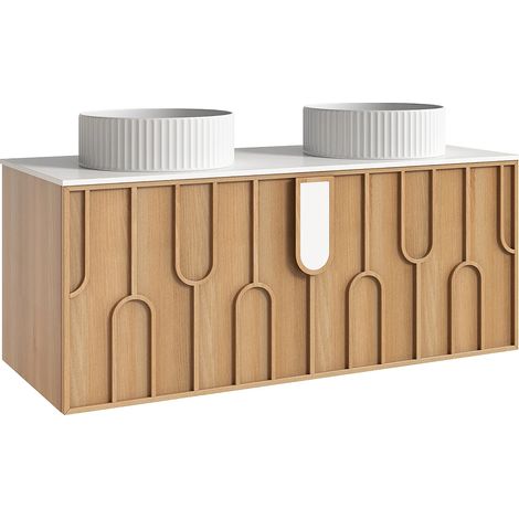 Mobile bagno testurizzato sospeso con doppio lavabo da appoggio rotondo scanalato Naturale chiaro L120 cm - MERKAN (1/5)