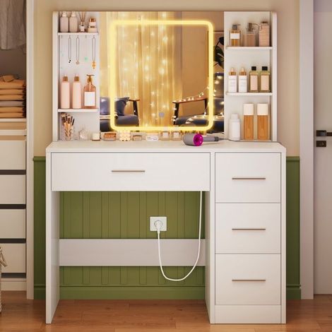 Coiffeuse - 85×40×136 cm - Miroir LED - Station de charge (prises intégrées) - 4 tiroirs et 4 étagères