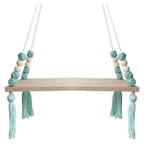 Nordic Wall Shelf with Floating Ropes Tassel Shelf Wooden Home Decoration (Green, 2pcs-38  14cm)