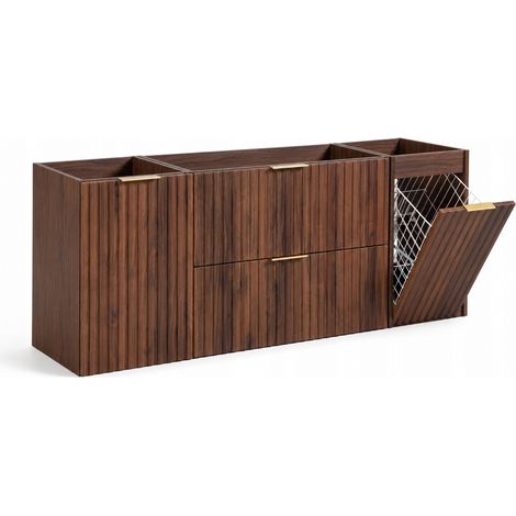 Meuble sous vasque suspendu FLOW 140 cm noyer foncé avec panier à linge (1/5)
