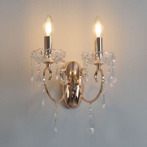 Applique murale LED 2 bras en métal doré – Pampilles en cristal – Ampoule E14 recommandée – Style baroque pour décoration intérieure (1/5)