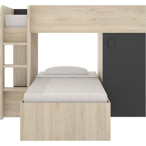 Lit superposé d'angle réversible 90 x 190 cm – 2 places – avec rangements intégrés – chêne mélaminé et anthracite – éco-responsable – Dekit
